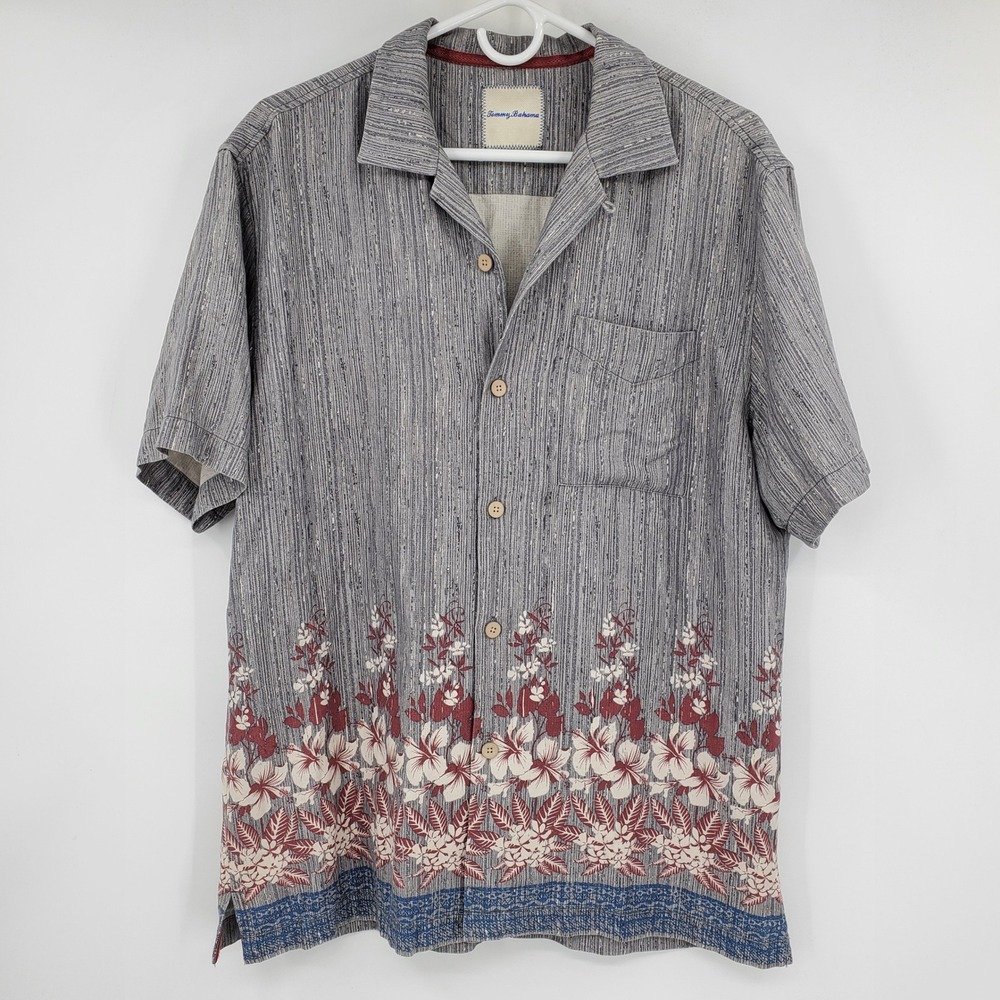 Tommy Bahama Mens 100% Silk Floral Border Print Camp Shirt Grey Medium Hawaiian
